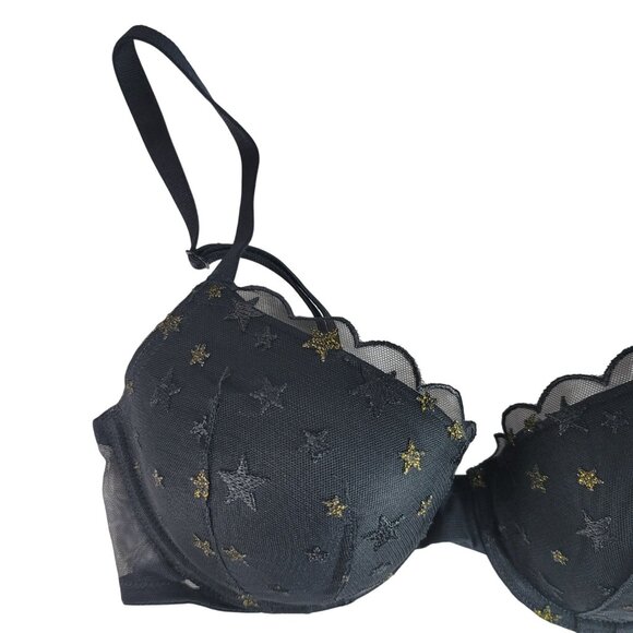 Victoria's Secret Lined Demi Bra Black 36C Lace Gold Stars Mesh Wing Plunge - Picture 2 of 11